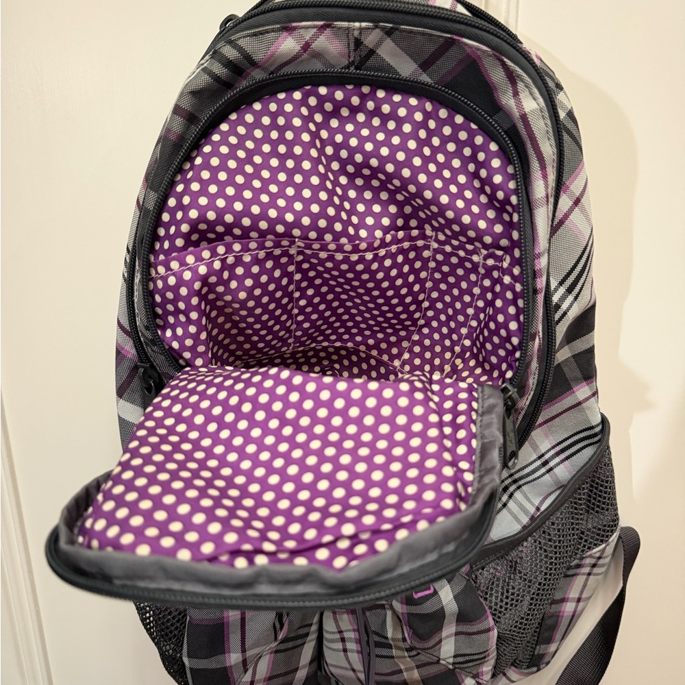 Dakine Gray and Purple Plaid Backpack with Bungee Storage - Picture 7 of 7